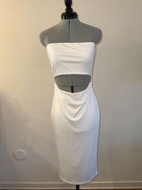 White Strapless Cut Out Midi Dress Bodycon Tie Waist Summer Vacation Wedding M